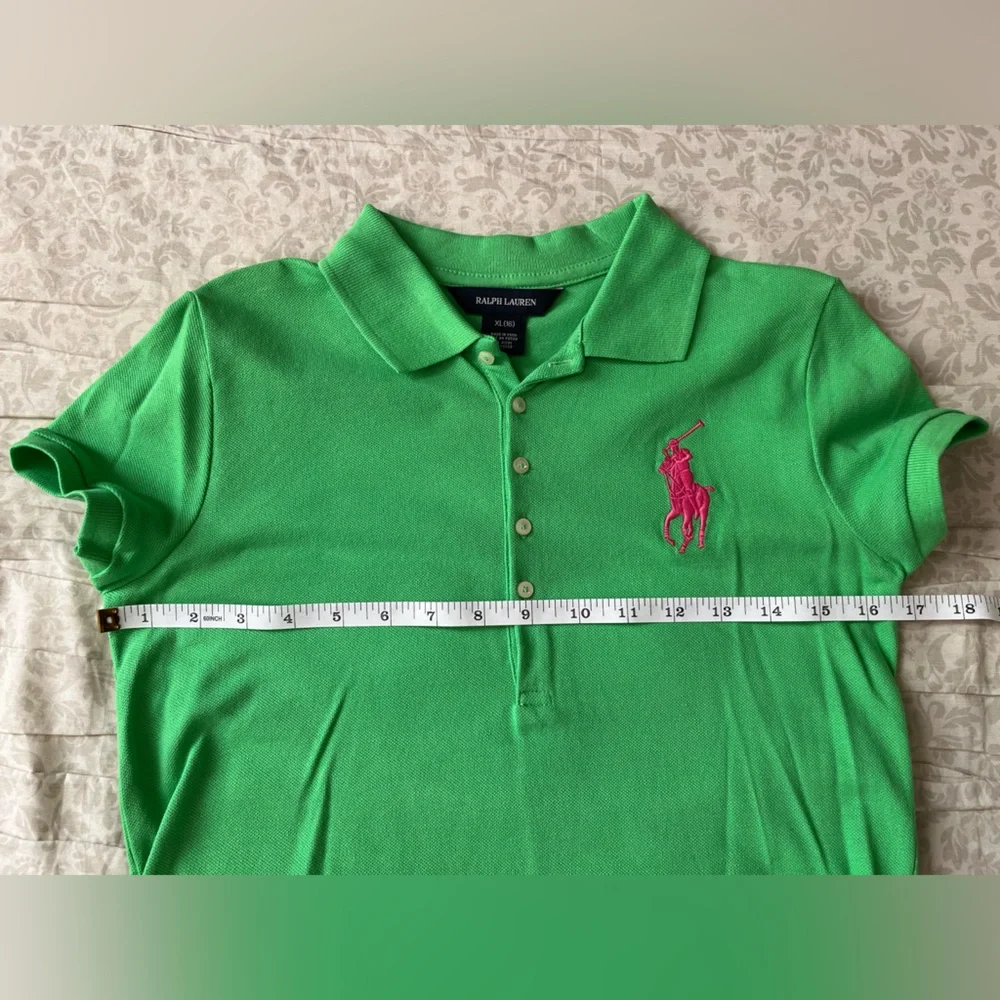 Ralph Lauren Kids Girls Size XL(16) Bright Green Polo Shirt with Pink Pony Logo